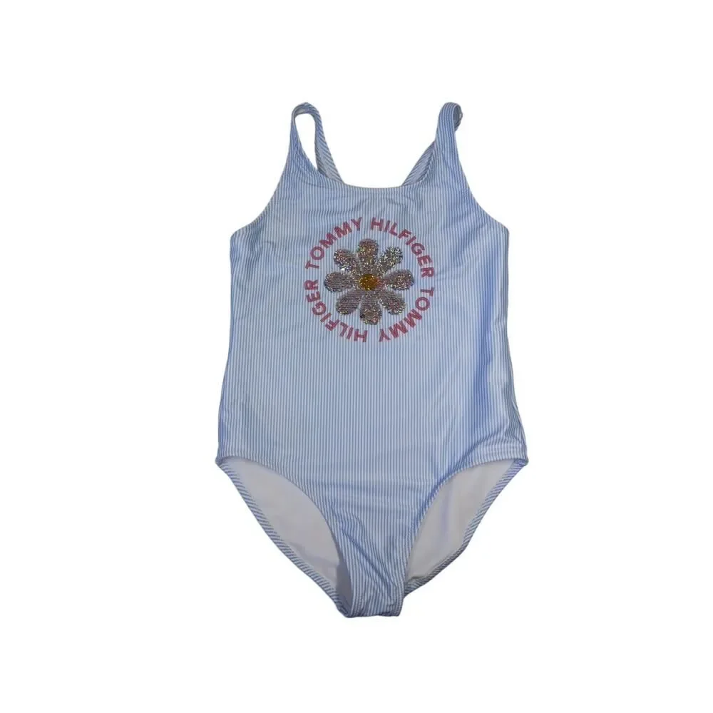 Tommy Hilfiger Girls Blue and White Stripe‎ Sequin Flower Swimsuit Size XL(16)